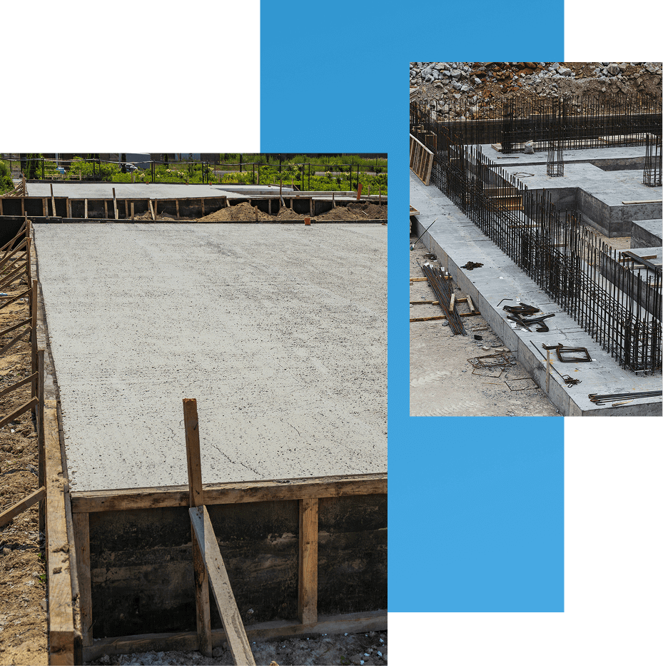 Concrete foundation slab with steel reinforcements at a construction site.
